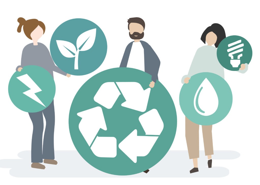 Ilustração com três personagens segurando figuras que remetem a economia circular