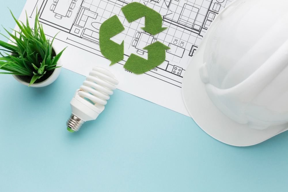 Capacete branco, uma lampada, uma planta e o simbolo de reciclagem sob uma mesa.