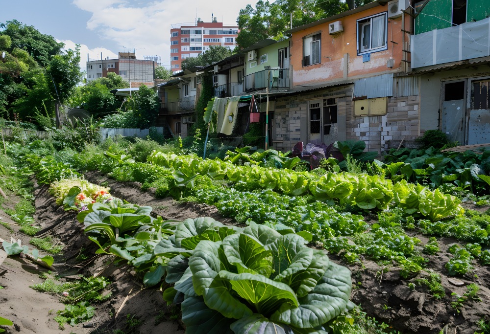 Horta urbana e casas ao fundo
